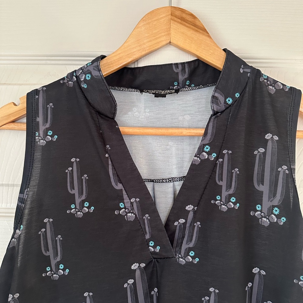 Cowgirl Hardware Black Sleeveless V-Neck Cactus Print Top - Picture 2 of 9